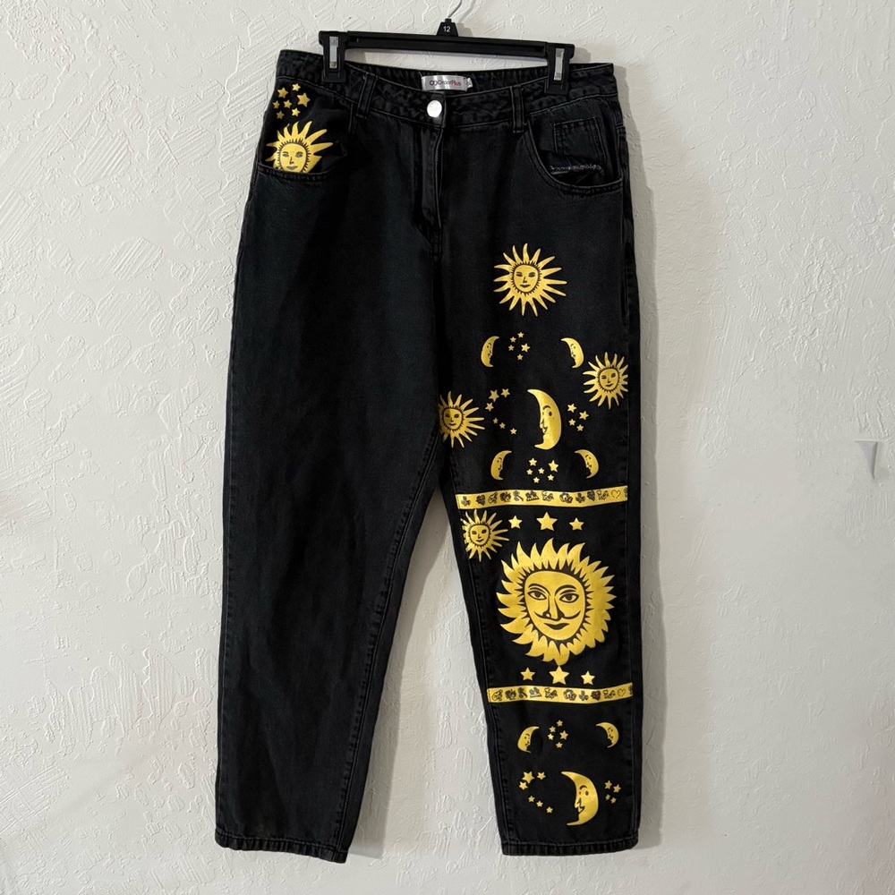Order Plus Women’s Jeans Celestial XL Black Wide Graphic Yellow Sun‎ Moon Stars